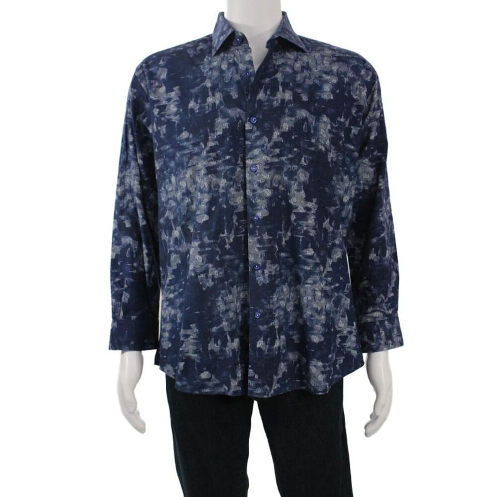Maceoo Mens Dark Blue Point Spread Collared Button Up Shirt Long Sleeve Size M
